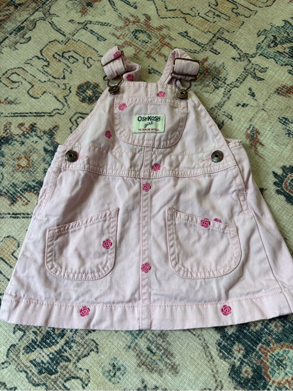OshKosh B’gosh Girls Pink Floral Overall Dress 9M Embroidered Roses